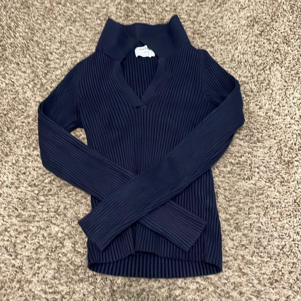 Fitted Dark Blue Long Sleeve V-neck shirt with Collar